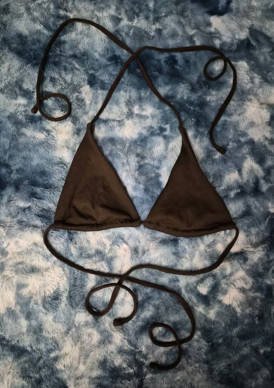 Women's S/M No Tag Black Ribbed Bikini Top Triangle Adjustable Ties Unpadded